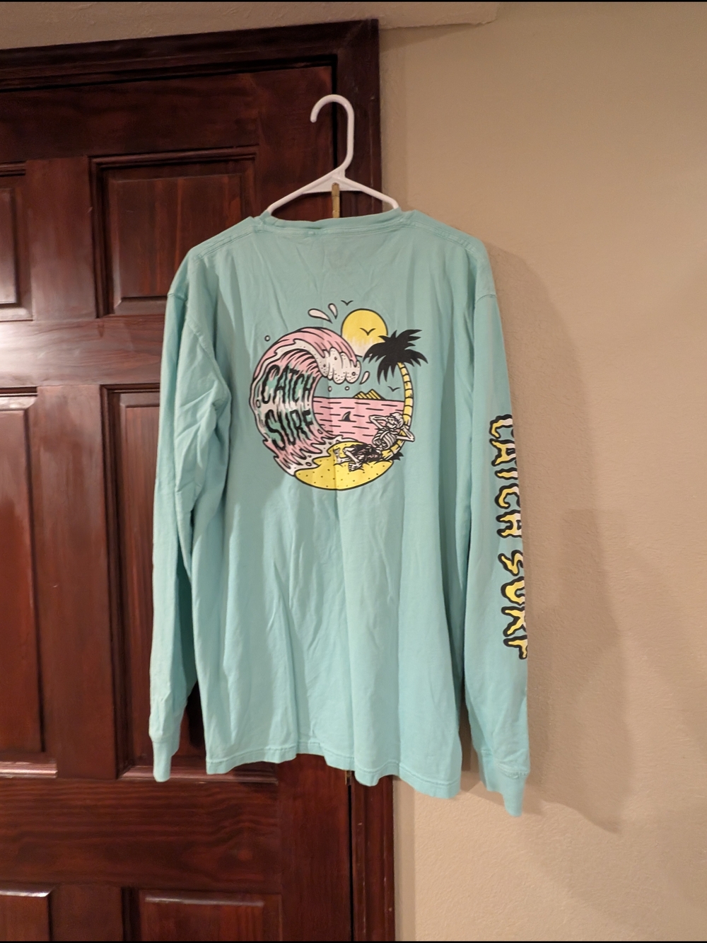 Men's Long Sleeve Tee - Aqua with Surf Graphic